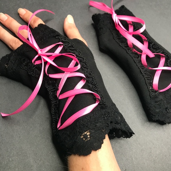 Short Corset Fingerless Gloves Pink Lace Up Arm Cuffs Princess Goth Sexy Sleeves - Picture 3 of 6